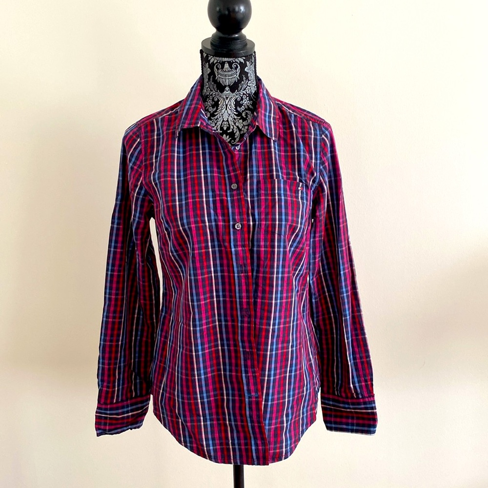 Tommy Hilfiger Plaid Cotton Collared Shirt Pink Blue Medium